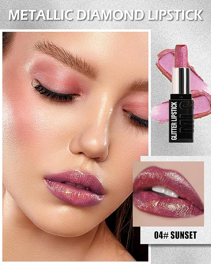 Diamond Glitter Matte Lipstick, Long Lasting Waterproof Ruby Red Metallic Sparkling High Pigment Non-Stick Lip Tint Lip Gloss,Full-coverage Lipgloss, Halloween Lip Makeup Gift for Women Girl-04