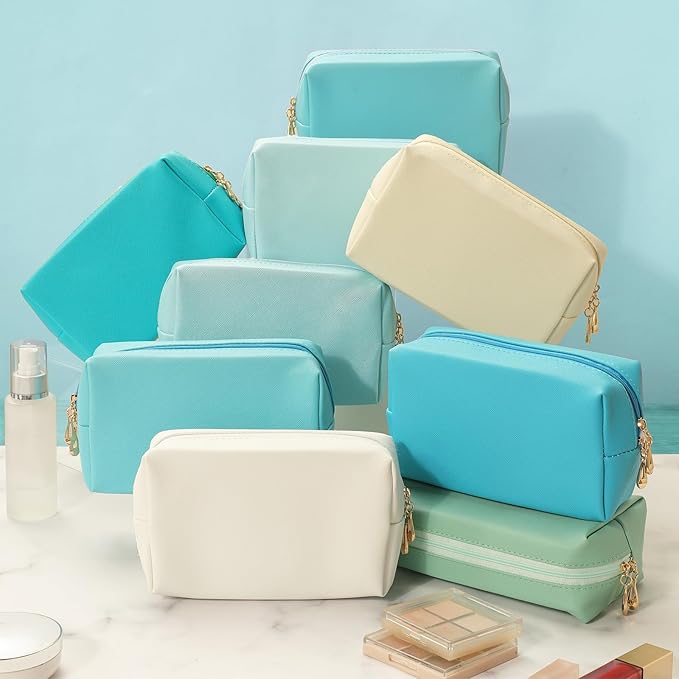 Sanwuta 9 Pcs Makeup Bags Bulk PU Double Zippers Cosmetic Bag Makeup Toiletry Pouch Portable Travel Organizers Case for Women Bachelorette Party End of The Year Bridesmaid Gift(Blue and Green Color)