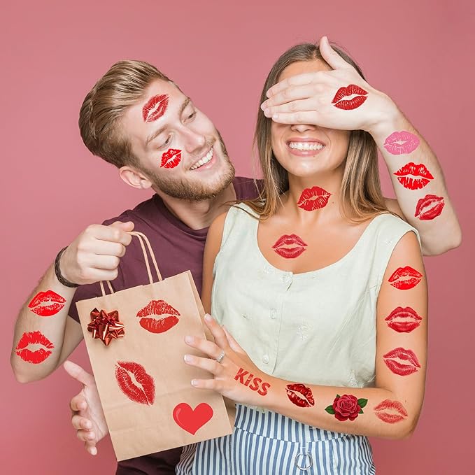 50 Pieces Valentines Lip Temporary Tattoos, Red Pink Lip Print Kiss Face Tattoo Stickers Body Decorations for Girls Kids