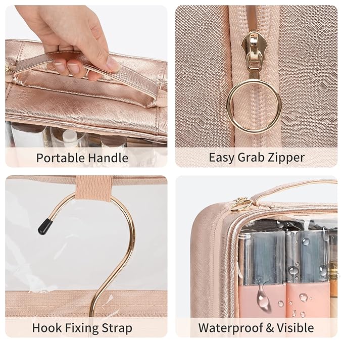 CUBETASTIC Toiletry Bag for Women, Clear Hanging Travel Toiletries Bag, Portable Makeup Bag Transparent Cosmetic Case with Handle, Traveling Make Up Organizer