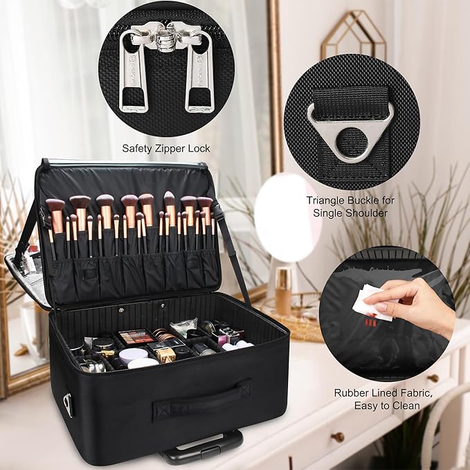 MONSTINA Rolling Makeup Train Case with Detachable Universal Wheels,Professional Trolley Cosmetic Case, 3-Layer Cosmetic Organizer, Extra Large Makeup Travel Bag for Makeup Artist Hairstylist