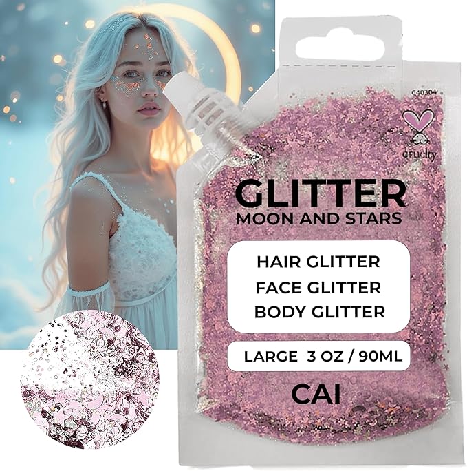 Face, Body & Hair Glitter Gel – Halloween Glitter for Kids and Women – 3 Oz Cosmetic-Grade Gel w/Moon & Stars for Festivals & Halloween Party, Easy Apply & Wash Off - Rose/Stardust Pink 2Pack