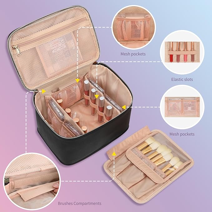 OCHEAL Travel Makeup Bag, Large Make up Bag Organizer Cosmetic Case with Detachable Brush Divider and Multi-purpose Comparement,Waterproof Portable for Toiletry Accessories Makeup Tools-Black