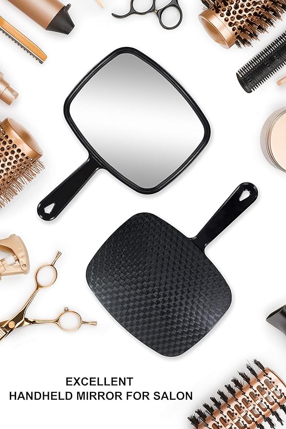 Hand Mirror, Barber Hairdressing Handheld Mirror with Handle for Salon, Square, Black, Medium,Pack of 3