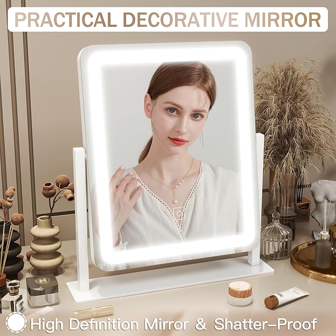 Lighted Makeup Mirror, Vanity Mirror with Lights for Desk Tabletop, Smart Touch with 3-Color Lighting,Dimmable, 360° Rotation, White, 13"x15"