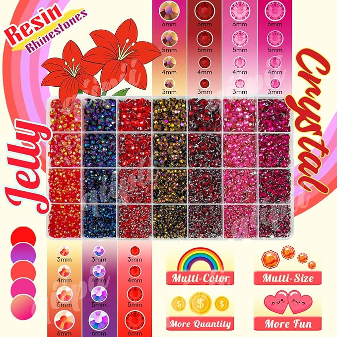 28 Types Red Jelly Resin Rhinestones for Bedazzling Crafting 3mm 4mm 5mm 6mm Flatback Colorful Stones Gems Diamonds for Nails Face Eyes Makeup DIY Crafts Tumblers Bottles Clothes Shoes Phones