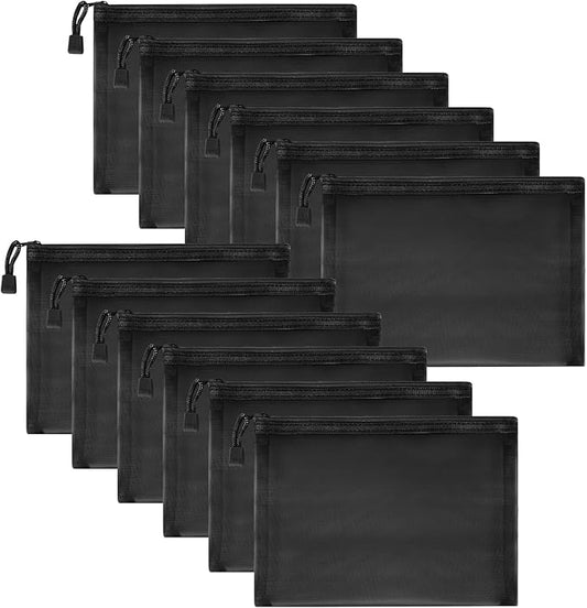 12 Pieces Zipper Nylon Mesh Pouch, Mesh Cosmetic Bags Makeup Bags Pencil Case, Multipurpose Travel Bags for Cosmetic School Office Supplies and Travel Accessories (Black, A5)