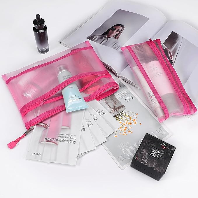 12 Pieces Zipper Nylon Mesh Pouch, Mesh Cosmetic Bags Makeup Bags Pencil Case, Multipurpose Travel Bags for Cosmetic School Office Supplies and Travel Accessories (2 Layers-Pink, A5)