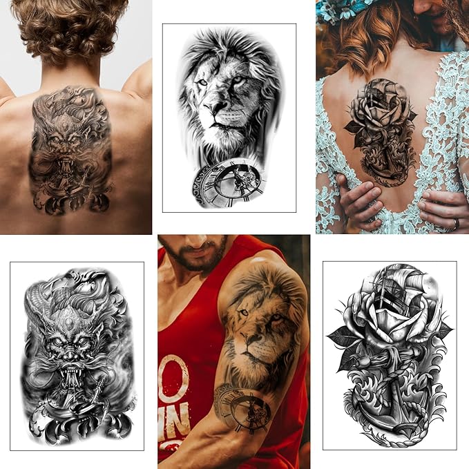 Yazhiji 36 Sheets Temporary Tattoos Stickers, 12 Sheets Fake Body Arm Chest Shoulder Tattoos for Men or Women with 24 Sheets Tiny Black Tattoos