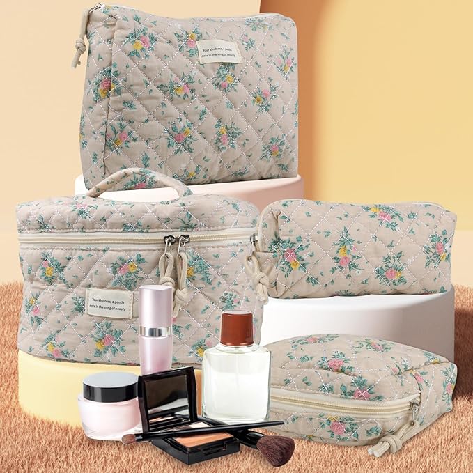 VIWIME Makeup Cosmetic Bag, Large Cotton Quilted Travel Coquette Aesthetic Cute Floral Make up Bag for Women Toiletry Bag Organizer(Yellow&Red Rose/4Pcs)