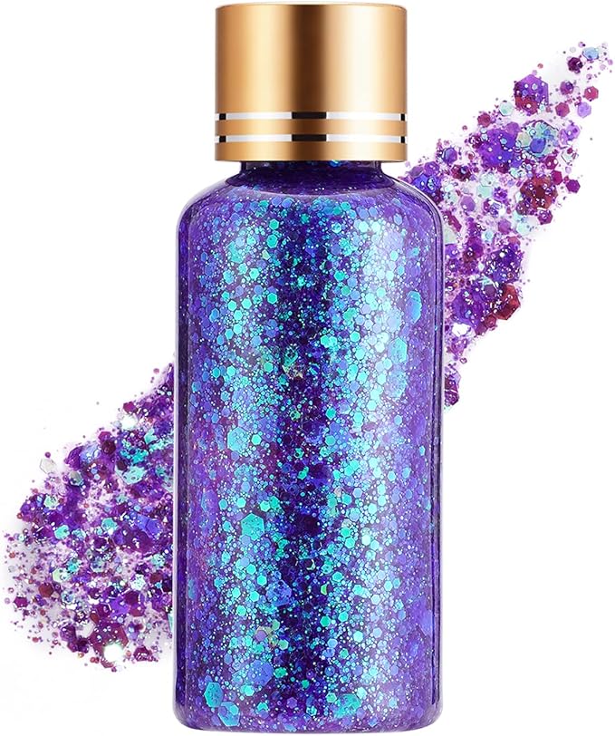 Gemstone Purple Face Body Glitter Gel Maekup for Women and Kids, Longwear Shimmer Holographic Mermaid Sequin Hair Glitter Gel for Singer Concert Music Festival Rave Accessories, 1oz