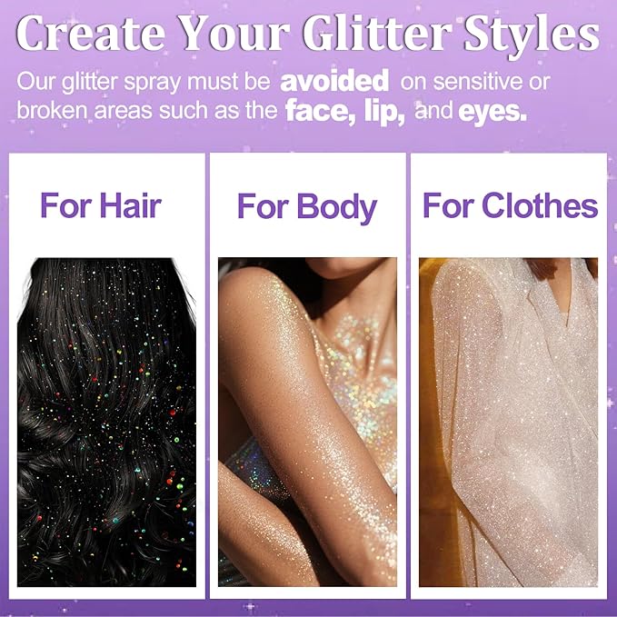 Yosca Body Glitter Spray, 3Pcs Holographic Silver Travel Shiny Glitter Spray for Body Hair Clothes Pride Accessories, Long-Lasting Shimmer Powder Hairspray for Festival Concert Party Rave Accessories