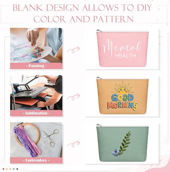 Reginary 10 Pcs Canvas Makeup Bags Bulk for Women Blank DIY Pencil Pouch Travel Toiletry Cosmetics Bags Gift for Christmas Breast Cancer Awareness Thanksgiving Wedding Nurses Teacher(Boho Color)