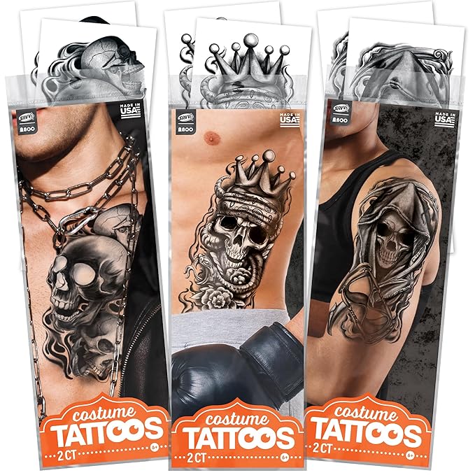 Skull Temporary Tattoo Sleeves – Realistic Full Arm Fake Tattoos for Men & Women, Slip-On Sleeve Style, Reusable Halloween Costume Accessory or Cosplay Prop