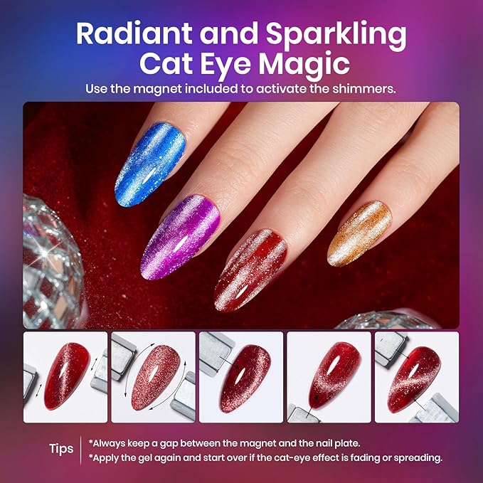 Beetles Cat Eye Gel Nail Polish, 6 Colors Red Purple Green Blue Green Gold Holographic Glitter Gel Polish Set with Magnet Soak Off UV Shimmer Velvet Gel Sparkle Soiree Series Manicure Gifts for Women