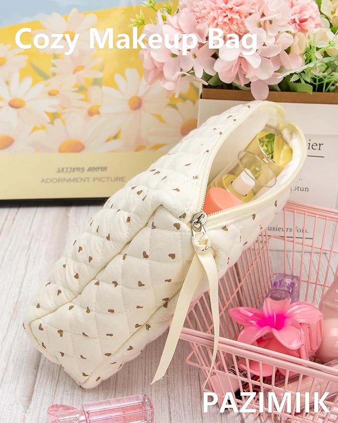 PAZIMIIK Quilted Makeup Bag Large Travel Zipper Soft Cosmetic Pouch for Women Girls Make Up,Gauze Heart Coffee