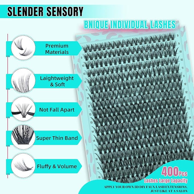 Lash Clusters 400pcs, 40D Mixed Tray DIY Eyelash Extension, D Curl Natural Wispy Individual Lashes Faux Mink & Cruelty Free Reusable Lash Clusters Extensions Black (40D, 9-18mm)