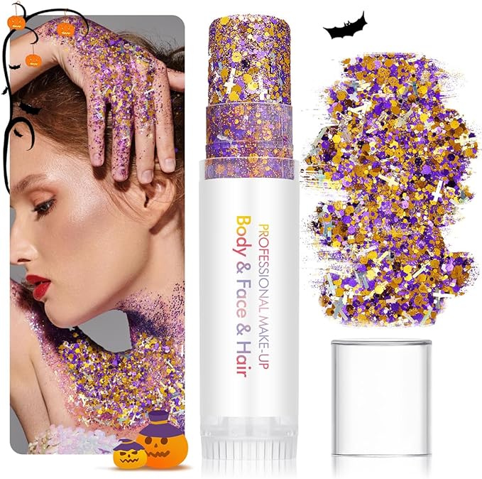 Body Glitter Stick Red Black Face Glitter Purple Gold Hair Glitter Halloween Face Paint Rave Makeup Glitter Festive Face Gems Christmas Fine Chunky Glitter Stick for Women Girls 2Pack