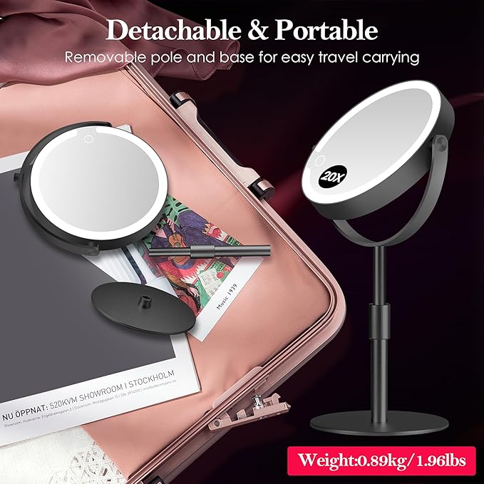 Led Makeup Mirror with Lights, 20X Magnifying Mirror, Rechargeable Magnified Makeup Mirror with 360°Rotation & Height Adjustable, Detachable Vanity Mirror(Black)