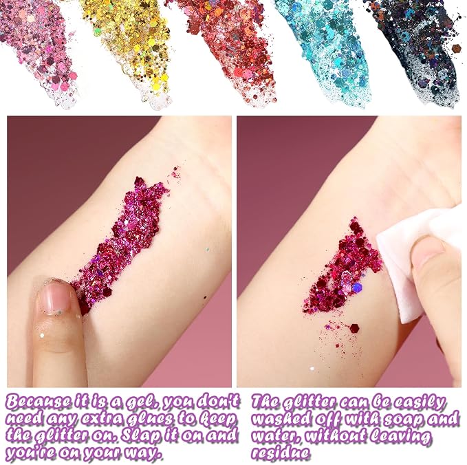 Teenitor Body Glitter Face Glitter Makeup Festival Glitter, 12 Colors Face and Body Glitter Gel, Hair Glitter Gel, Body Makeup