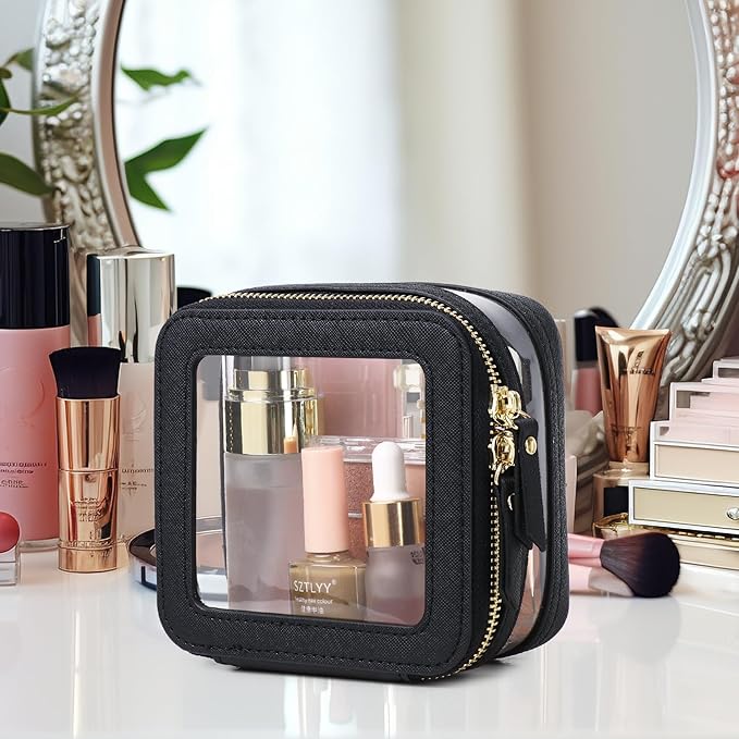 Pinkmik Clear Small Makeup Bag Mini Cosmetic Makeup Case & Toiletry Bag with Zipper,Cute Purse Organizer,Car Essentials for Women (Black, MINI-2)