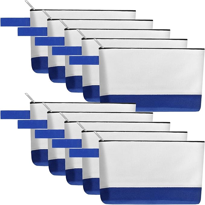 10 Pieces Cotton Canvas Makeup Bag with Bottom and Strap, Multi-Purpose Cosmetic Bag with Zipper Travel Toiletry Pouch, Blank DIY Craft Bag (White&Blue, S)