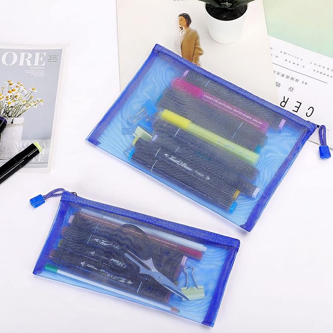 12 Pieces Zipper Nylon Mesh Pouch, Mesh Cosmetic Bags Makeup Bags Pencil Case, Multipurpose Travel Bags for Cosmetic School Office Supplies and Travel Accessories (Blue, A5) (WB06)