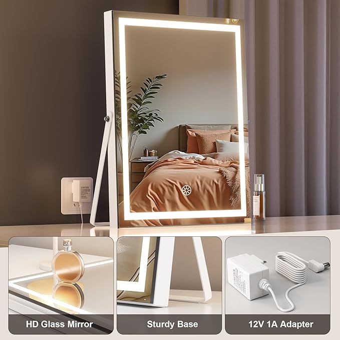 MINISO Vanity Mirror with Lights, 9.8" x 12" LED Makeup Mirror, Light & Brightness Adjustment, Smart Sensor, 360°Rotation, Aluminum Alloy Metal White Frame, with 5X Magnifying Glass