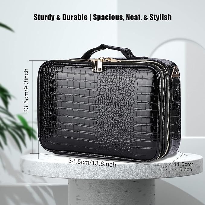 JOURMON Travel Makeup Case 3 Layers Makeup Train Case Crocodile Makeup Bag Organizer Portable Artist Storage Bag with Adjustable Dividers and Shoulder Strap
