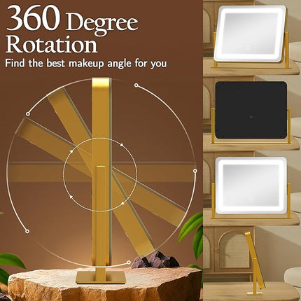 ROLOVE Gold Vanity Mirror with Lights 15" x 12", Lighted Makeup Mirror with 10X Magnification, 3 Color Lighting & Dimmable Brightness, Make Up Mirror with Lighting for Bedroom Tabletop