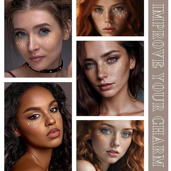 Glitter Freckles Face Tattoo 6 Sheets Face Makeup Patches Gold & Silver Star Fake Freckles Cute Glitter Makeup Accessories for Women Girls