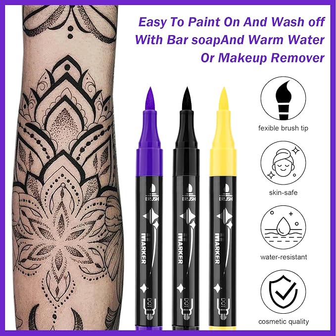 Ponhey Temporary Tattoo Markers for Skin, 36 Body Markers+67 Large Tattoo Stencils,Dual-End Tattoo Pens,Fine Lines with Cosmetic-Grade,Flexible, Skin-Safe Face Paint Kit for Kids Teenage Adults
