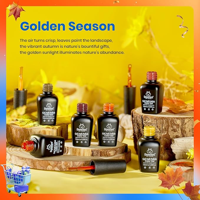 Beetles Fall Gel Nail Polish Set 6Pcs Brown Green Yellow Burgundy Orange Glitter Gel Polish Nails Art Soak off Uv LED Manicure Gift Set Golden Season Collection 2025 Nail Trend Gift for Women