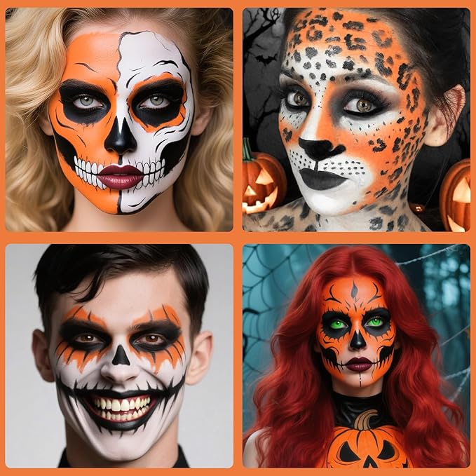 Orange Cream Face Body Painting Foundation, Professional Full-coverage Oil Based Orange Face Paint Halloween SFX Cosplay for Pumpkin Clown Tiger Monster Adult Costume Party & Carnival