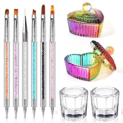 Nail Art Brushes, 6 Acrylic Nail Brushes Dappen Dish Set - Dappen Dish for Acrylic Nails, Monomer Dish Nail Glass Cup Nail Art Manicure Tools (10 Piece Set)