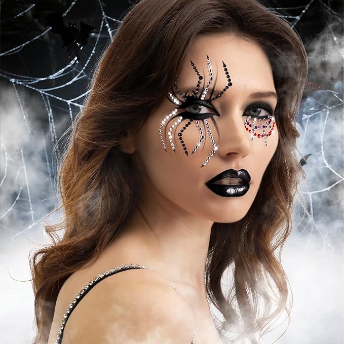YGDZ Face Gems for Women, Halloween Face Jewels Stickers, 4 Color (Red, Black, Purple, Silver) Spider Web Rhinestones for Face Makeup, Rave Accessories