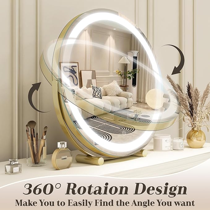 Gold Vanity Mirror, 18 Inch Lighted Makeup Mirror with Smart Touch 3 Colors Dimmable, Tabletop, 360 Rotation