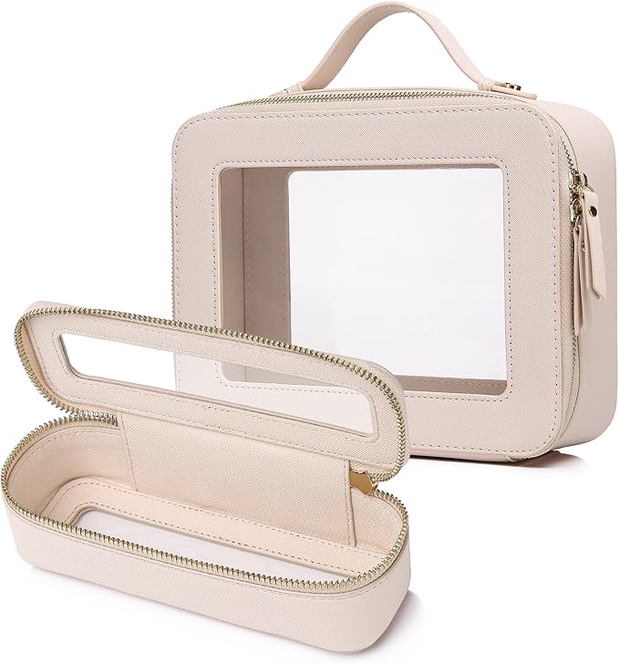 Pinkmik Clear Makeup Bag with Brush Bag Portable Cosmetic Bag Case Travel Toiletry Bag Car Essential for Women (Beige, L+SLIM)