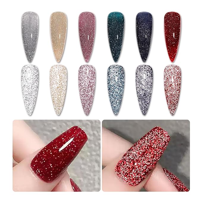 Born Pretty Reflective Glitter Gel Nail Polish, 6 Colors Holographic Gel Polish Long Lasting Sparkly Shiny Nail Polish U V Set for Manicure and Nail Art, DIY at Home, Salon-Quality 7ml