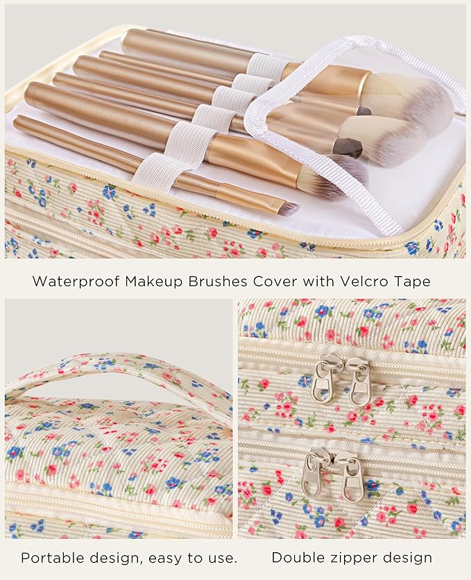 HBselect 2Pcs Travel Makeup Bag, Large Cotton Quilted Makeup Bag Cosmetic Bag Cute Make up Bag Toiletry Bags for Women Girls