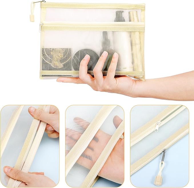 12 Pieces Zipper Nylon Mesh Pouch, Mesh Cosmetic Bags Makeup Bags Pencil Case, Multipurpose Travel Bags for Cosmetic School Office Supplies and Travel Accessories (2 Layers-Beige, A5)