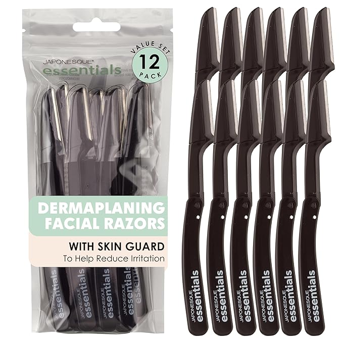 JAPONESQUE Essentials Dermaplaner Facial Hair Razors 12 Pack – Precision Blades for Peach Fuzz Removal, and Eyebrow Shaping for Men & Women