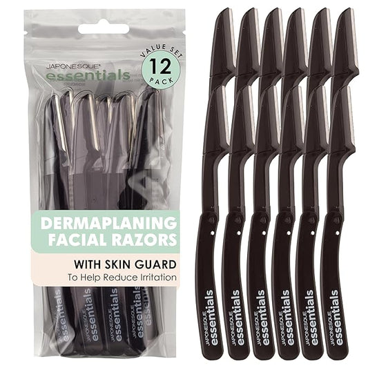 JAPONESQUE Essentials Dermaplaner Facial Hair Razors 12 Pack – Precision Blades for Peach Fuzz Removal, and Eyebrow Shaping for Men & Women