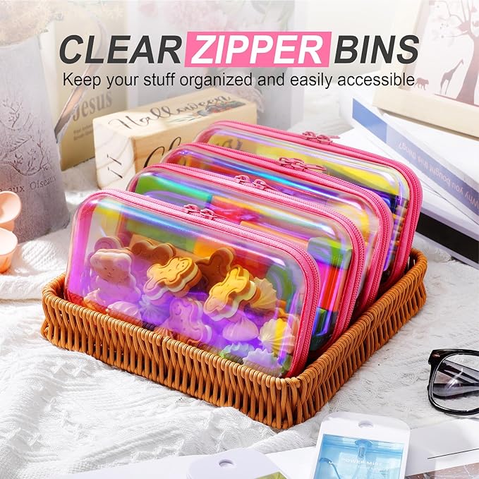 Hoolerry 4 Pcs Hard Clear Zipper Case Makeup Bags Plastic Pencil Pouch Transparent Storage Box Containers for Cosmetics, Snacks, Building Blocks, Puzzles(Pink Laser,7.5 x 3.9 x 2 in)