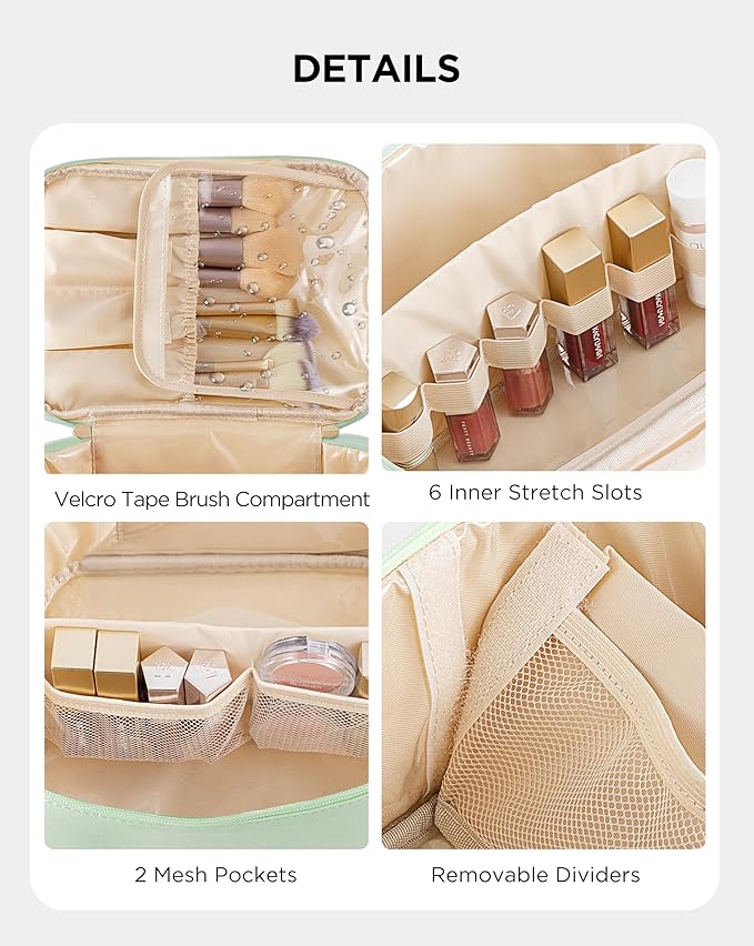 Makeup Bag for Women Large Travel Makeup Bag Organizer Portable Toiletry Bag Cute Makeup Bags Waterproof Leather Cosmetic Bag Makeup Case with Removable Dividers, Green