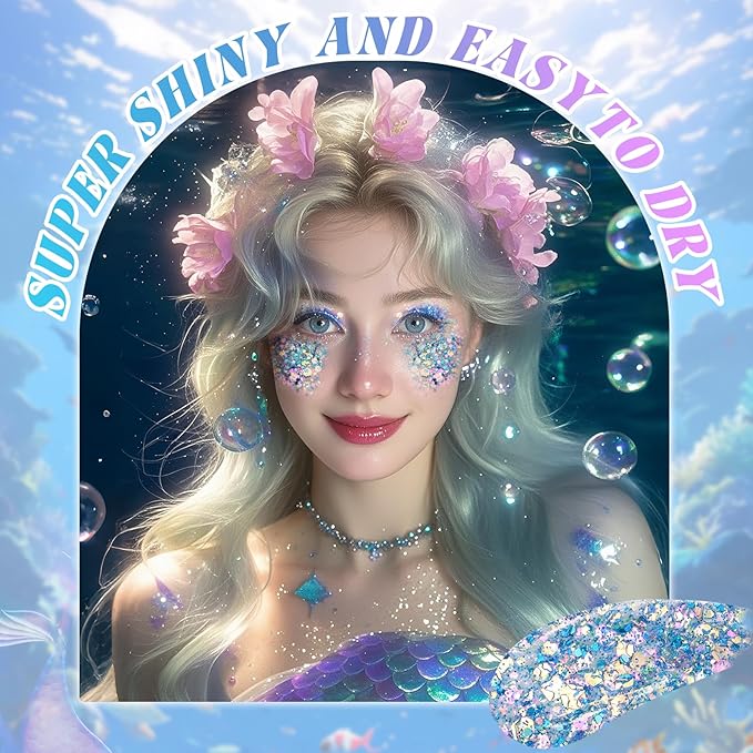 DAGEDA Blue Body Glitter Gel,Sparkly Face Hair Eye Glitter Makeup,Quick-Drying Body Shimmer Holographic Sequins, Singer Concert, Festival Rave Makeup Accessories