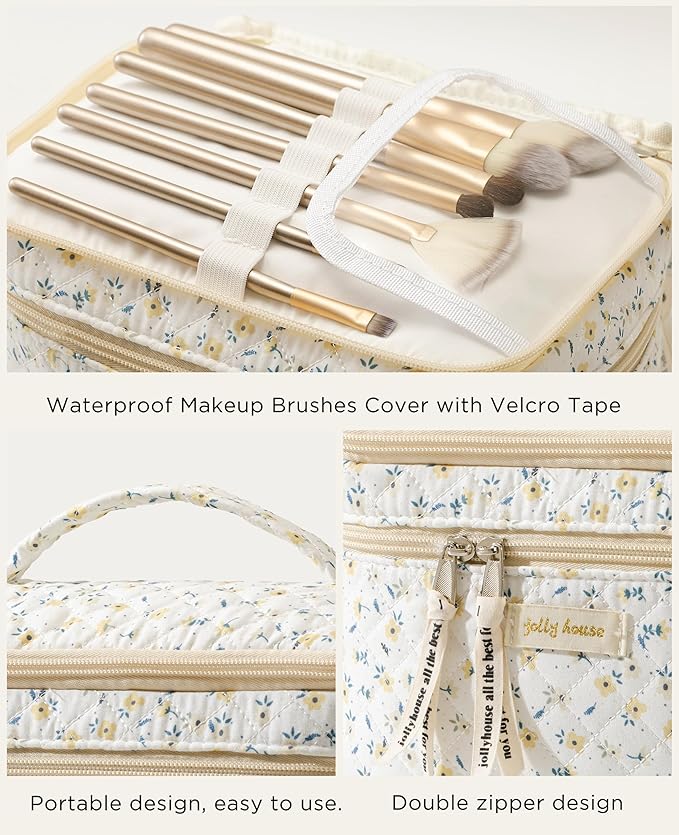 HBselect 2Pcs Travel Makeup Bag, Large Cotton Quilted Makeup Bag Cosmetic Bag Cute Make up Bag Toiletry Bags for Women Girls