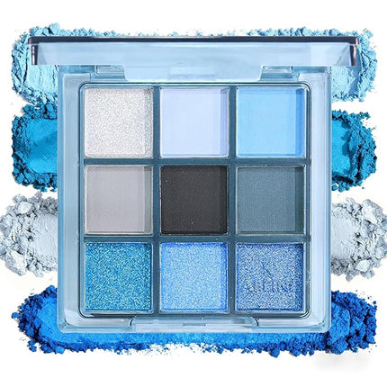 K'APEINE Blue Eyeshadow Palette, 9Colors Matte Shimmer Eyeshadow with Grey Black Highly Pigment Makeup Palette Waterproof Eye Shades for Rave Party, Stage Performance, Music Festival and Costume-LG2