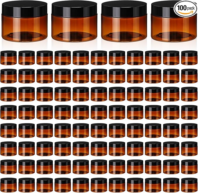 Tanlade 100 Pcs 4 oz Amber Plastic Cosmetic Jars with Lids Empty Leak Proof Container Refillable Cosmetic Jars Airtight for Cream, Lotion, Powder, Ointment, Beauty Products Travel Storage(Round)