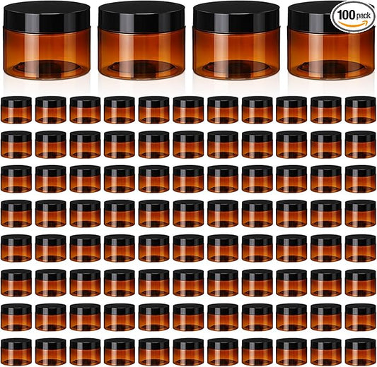 Tanlade 100 Pcs 4 oz Amber Plastic Cosmetic Jars with Lids Empty Leak Proof Container Refillable Cosmetic Jars Airtight for Cream, Lotion, Powder, Ointment, Beauty Products Travel Storage(Round)